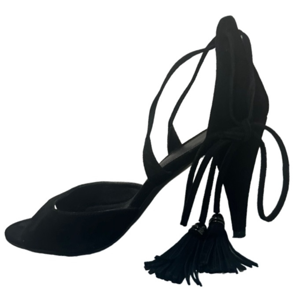 Pelle Moda NORDSTROM Black Suede Leather Wrap Tie-Up Tassel Heels Peep-Toe 9